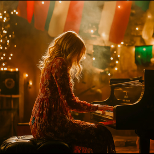 Pianist Melissa Terrall is playing a piano in a room, dimly lit. She is wearing a long floral dress. There are red, white and green flags hanging on the walls behind her.